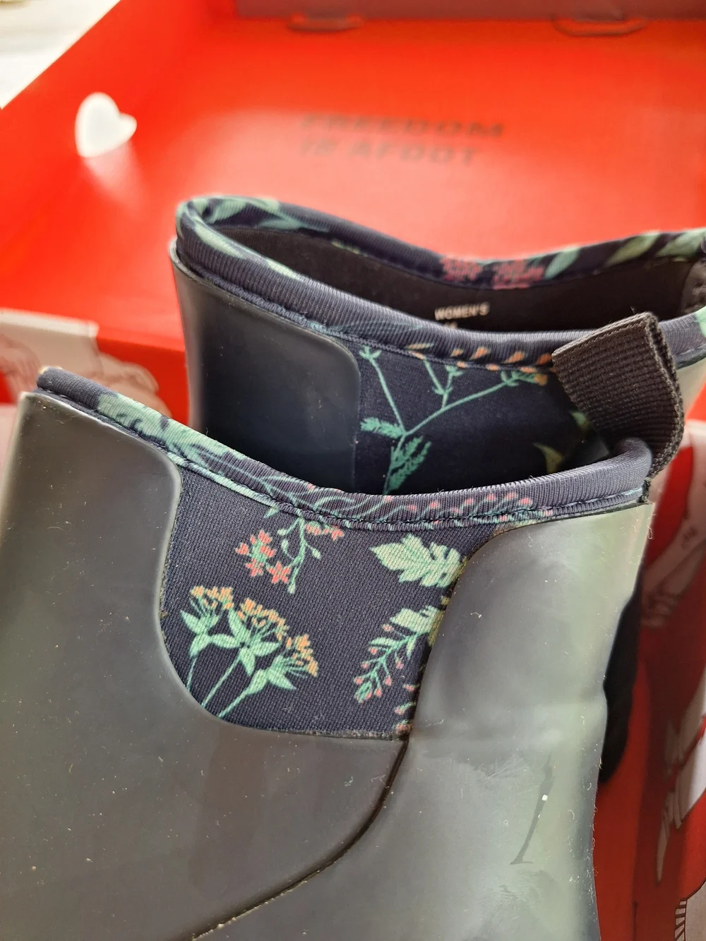 Duluth Trading Co Black Floral-Trim Rain Chelsea Booties